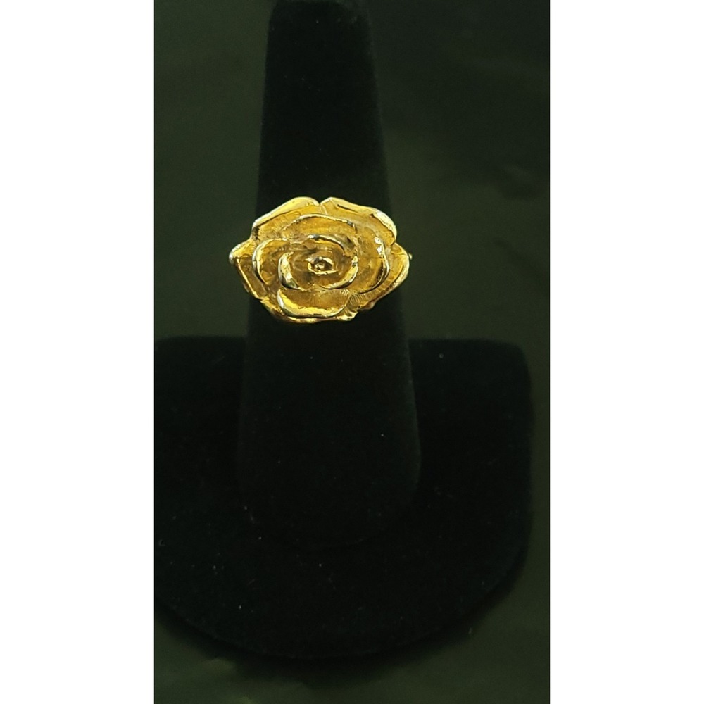 Gold Tone Rose Flower Statement Ring Size 7.5 Sculptural Floral Cocktail